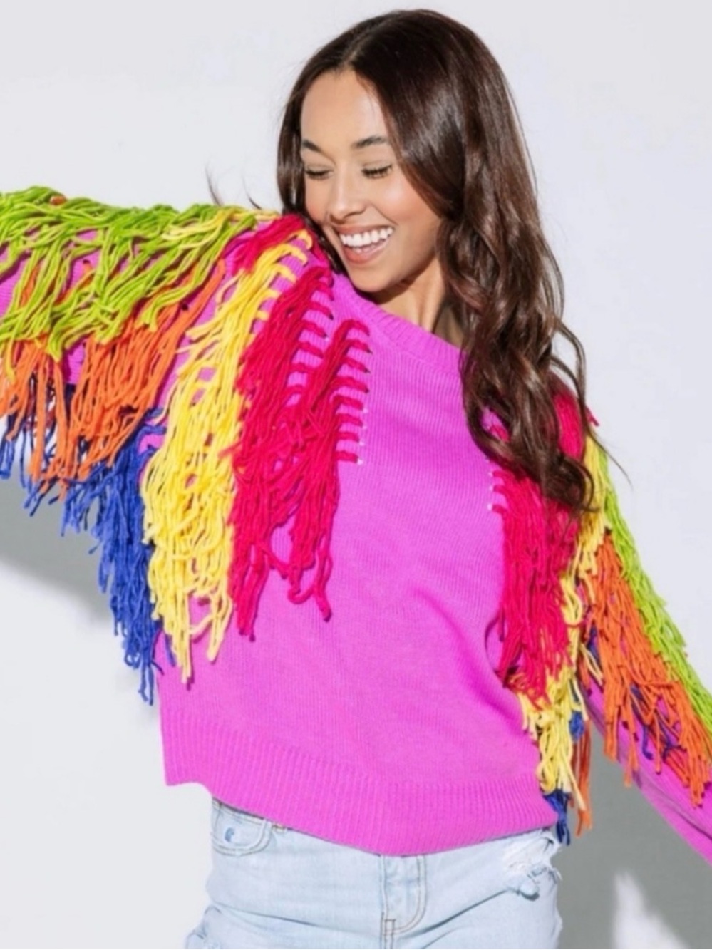 QOS QUEEN OF SPARKLES Bright Pink Fringe Statement Sweater medium
